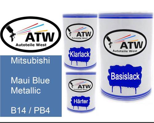 Mitsubishi, Maui Blue Metallic, B14 / PB4: 500ml Lackdose + 500ml Klarlack + 250ml Härter - Set, von ATW Autoteile West.